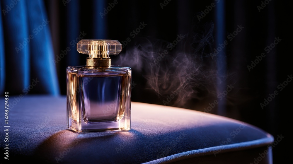 Elegant perfume bottle on a plush chair with soft smoke drifting in a dimly lit room Elegant perfume bottle on a plush chair with soft smoke drifting in a dimly lit room