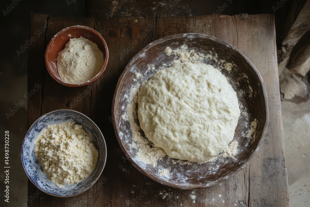 Fototapeta premium Flour and dough in bowls on the rustic wooden table are ready to use. Useful for blogs, recipes, or any baking related content needing visuals.
