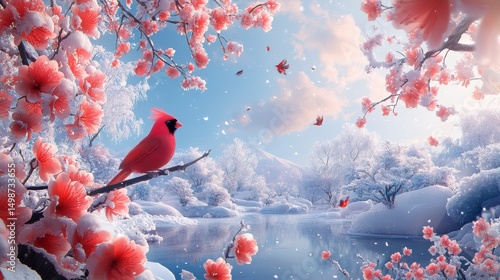 an explosion of tropical birds and flowers in a winter wonder land. Use icy colors. Ultra photo realistic.