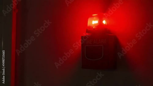 Red fire alarm light flashing on wall in emergency signaling system  