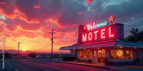 A retro-style welcome motel sign stands proudly against a vibrant sunset, casting a warm glow on the classic architecture ,  retro sign,  vintage
