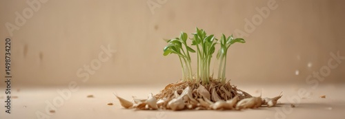 Tiny garlic sprout pushing through papery husk, vibrant green tip ,  garlic bulb,  macro