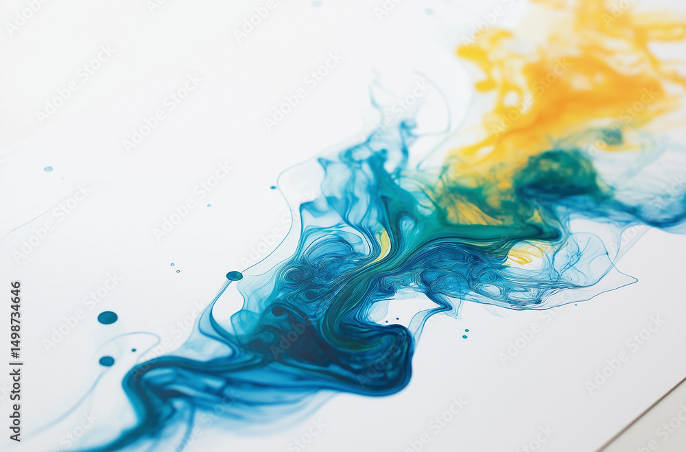 Fototapeta premium White Paper with Blue, Green, and Yellow Ink in Fluid Art Style Abstract Ink Flow on White Background for Minimalist, Creative, and High-Resolution Design Projects
