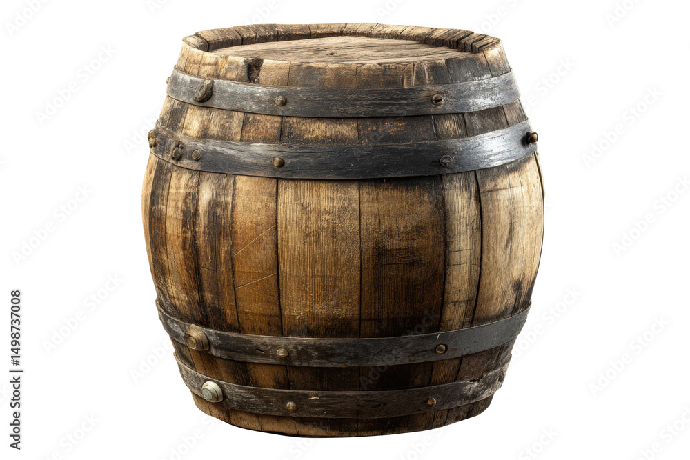 Fototapeta premium Rustic wooden barrel with iron hoops on black background, cut out