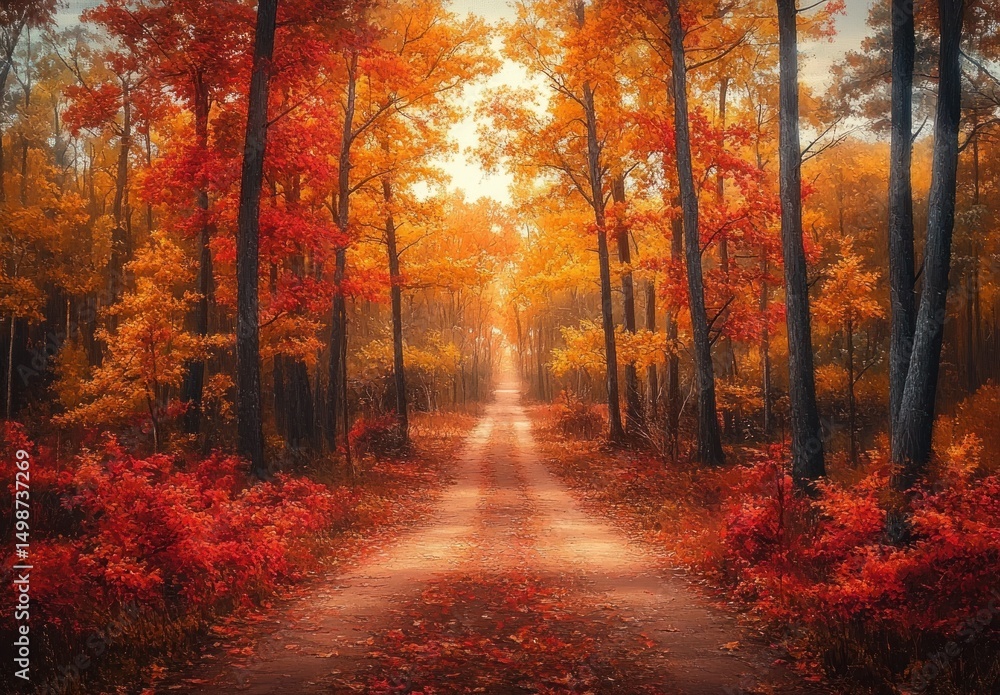 Obraz premium Peaceful forest path covered with autumn leaves surrounded by tall trees with vibrant red and orange foliage under soft sunlight