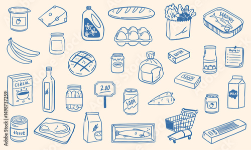 grocery icon doodle sketch hand drawn illustration set