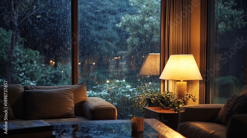 Cozy living room with dim lights, rain tapping on glass.
