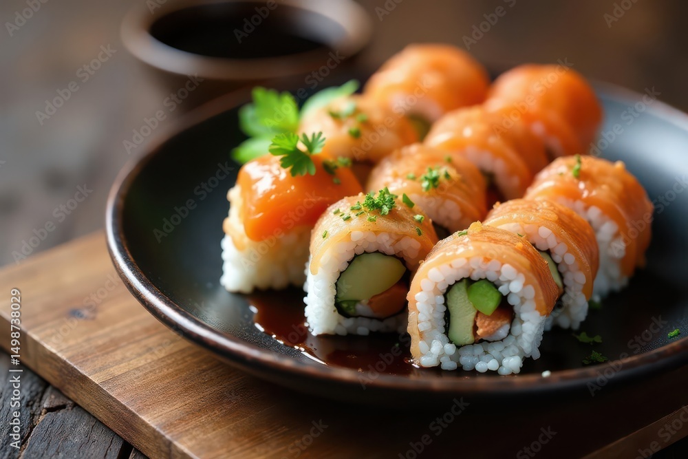 Various sushi rolls on a plate, soy sauce, wasabi, ginger, food styling, sushi, appetizing Various sushi rolls on a plate, soy sauce, wasabi, ginger, food styling, sushi, appetizing