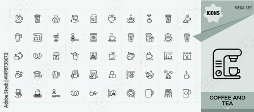 Coffee And Tea line icon set. Minimalist editable vector stroke. Contains outline symbols like breakfast, bean, tea, drink, leaf, cafes. Pixel perfect. Editable stroke. Cafes line icon set.