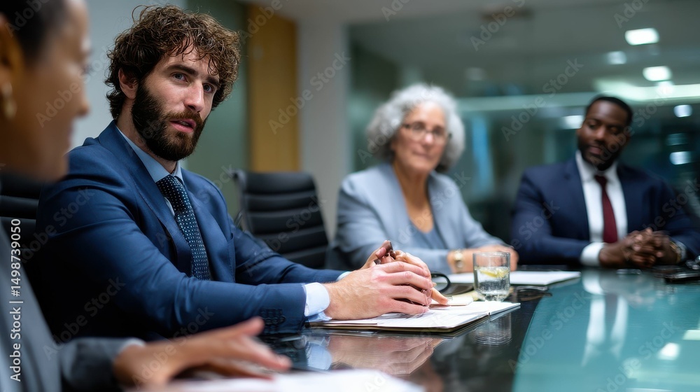 Fototapeta premium Professional Business Meeting with Diverse Team Discussing Strategies and Ideas in Modern Conference Room