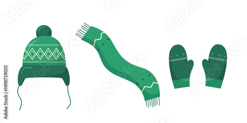 Vector winter clothes set. Cartoon knitted scarf, hat, mittens, gloves isolated on white background. Seasonal winter traditional accessories collection