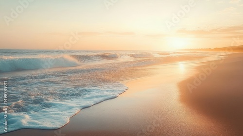 Fototapeta Naklejka Na Ścianę i Meble -  Serene beach scene with gentle ocean waves washing onto the smooth sandy shore during a warm golden sunrise or sunset
