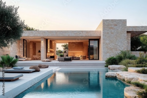 Wallpaper Mural Modern spacious stone house with large open living area overlooking a pristine swimming pool surrounded by sun loungers and lush greenery at sunset Torontodigital.ca