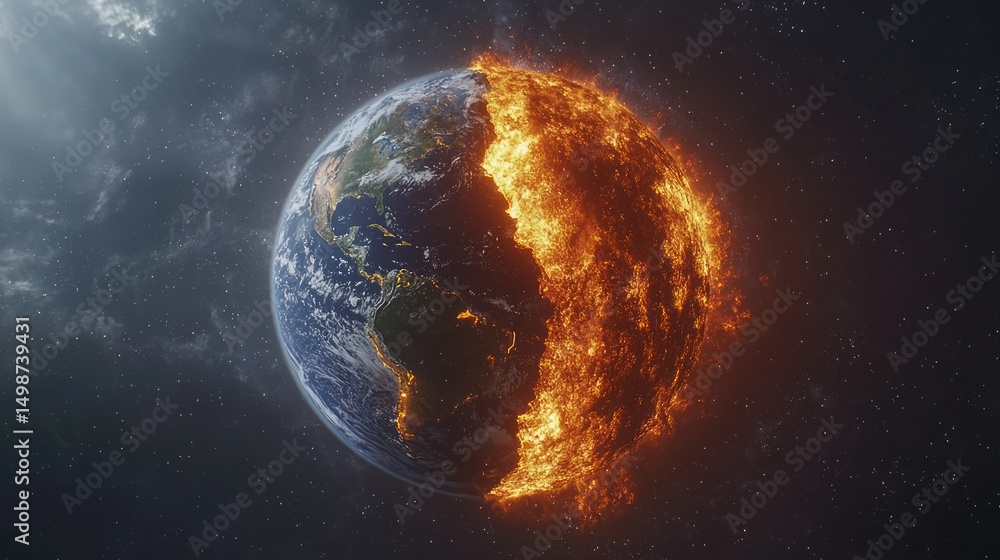 Obraz premium Earth split, one half burning