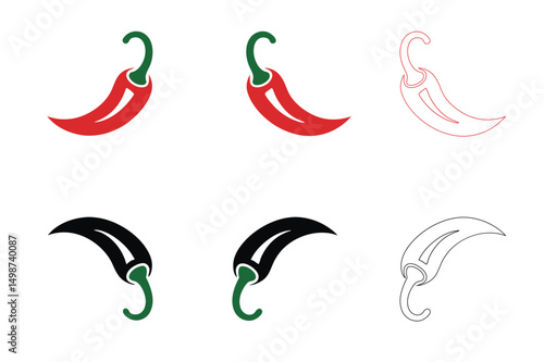 Spicy Chili Pepper Icons Red, Black, White, Line Art Styles for Branding, Food, and Culinary Designs