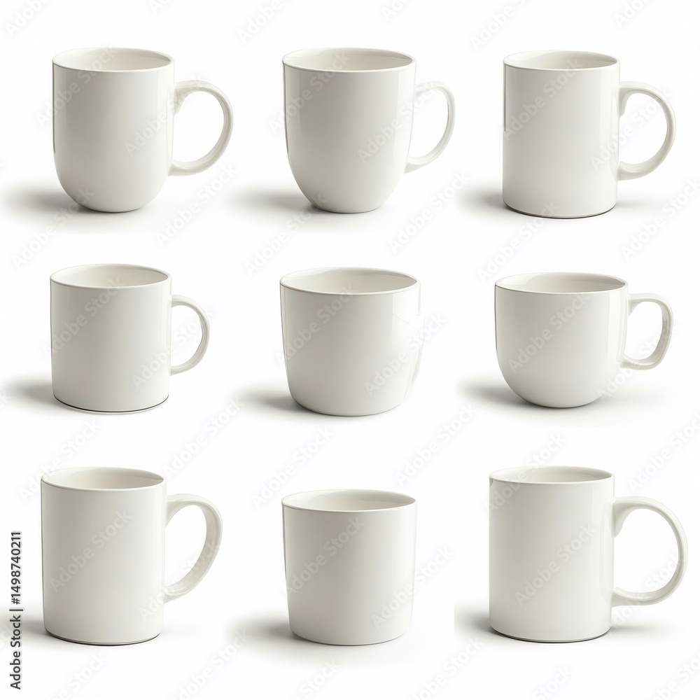 Collection of mugs, ceramic on white background