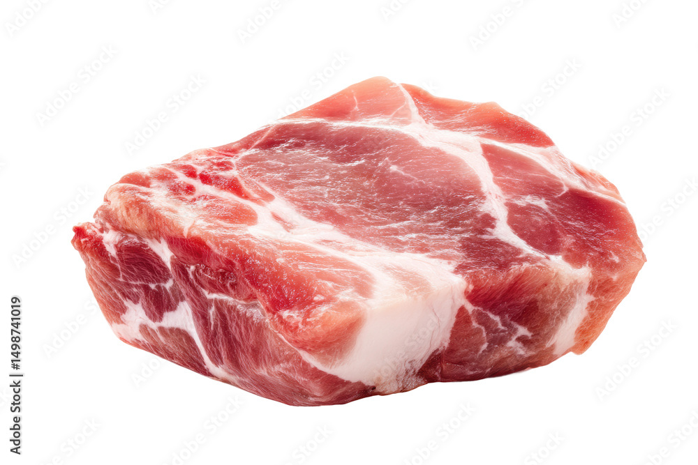 Raw pork shoulder with marbled fat on black background, cut out