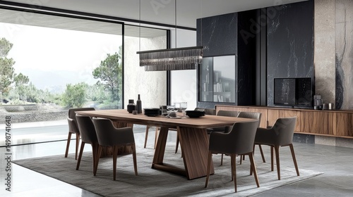Minimalist gray dining room with large wooden table