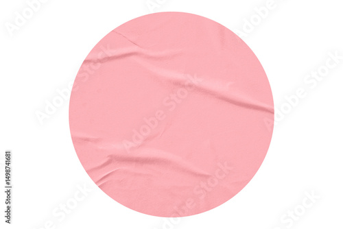 pink circle sticker with crumpled edges. Wrinkled round paper isolated on transparent background.