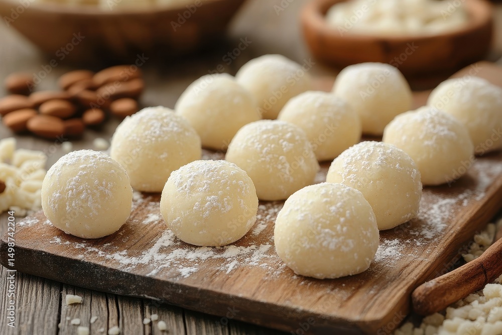 White coconut balls with powder on wood table, almond background. Ideal for sweets, desserts, or holiday recipe blogs and social media. White coconut balls with powder on wood table, almond background. Ideal for sweets, desserts, or holiday recipe blogs and social media.