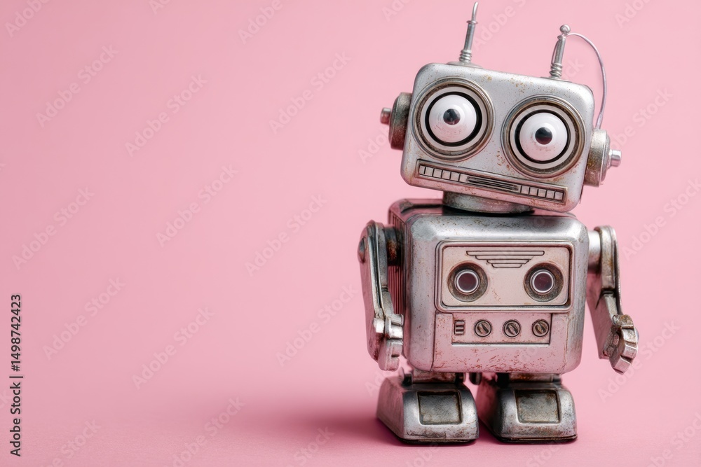 Fototapeta premium Retro robot on pink background