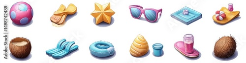 Colorful summer items including a beach ball, flippers, star-shaped sand mold, sunglasses, towel, tray with snacks and drink, coconuts, pool float, seashell, and smoothie on white background