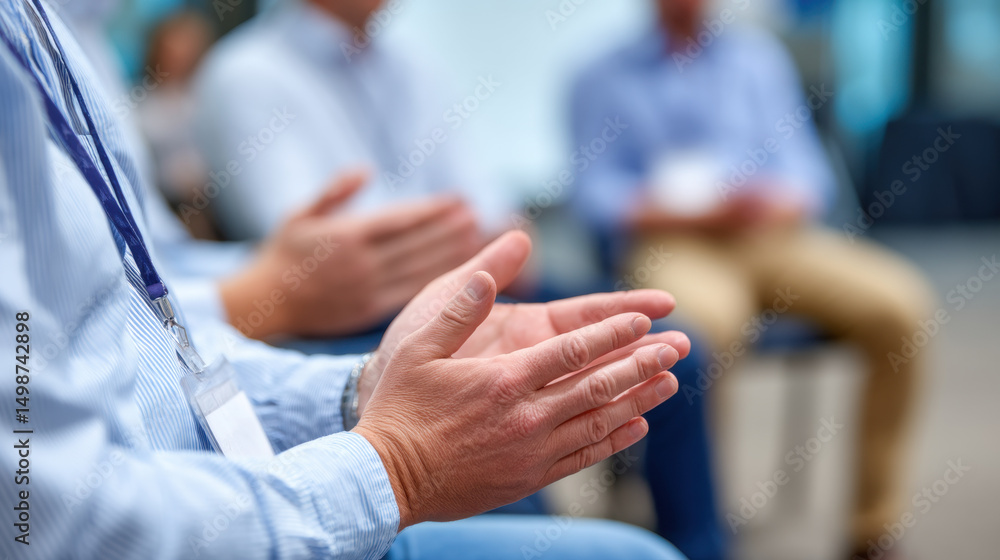 Obraz premium Medical professionals clapping during conference or seminar, showing appreciation or encouragement, with focus on hands and blurred background of attendees, in professional healthcare setting