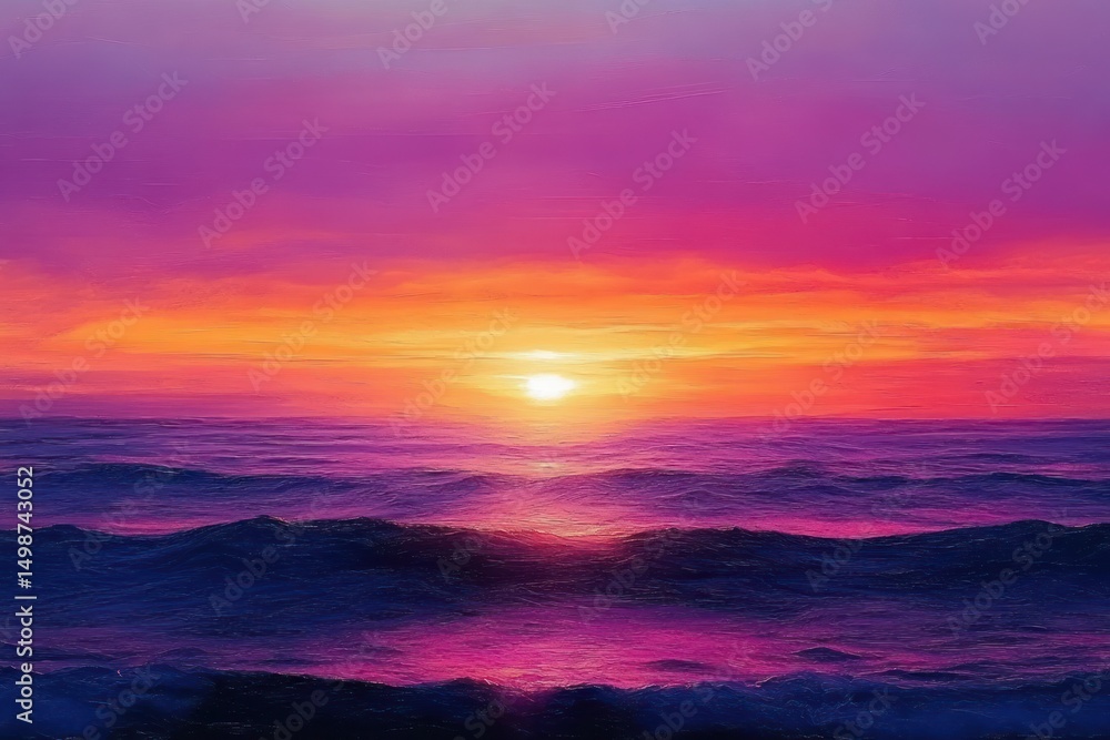 Fototapeta premium Vibrant sunset over calm ocean waves with colorful pink, purple, orange, and yellow sky creating a serene and peaceful atmosphere