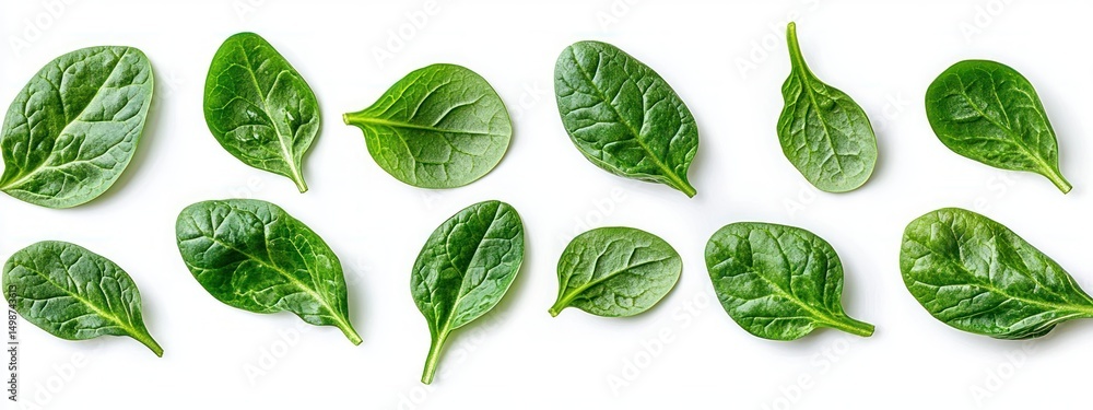 Fresh green spinach leaves arranged on a white background showcasing natural texture and vibrant color Fresh green spinach leaves arranged on a white background showcasing natural texture and vibrant color