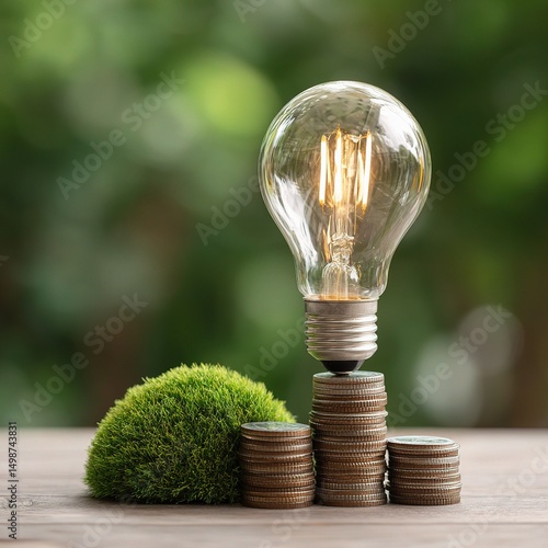 Eco-Friendly Energy Bulb Floating Over Stack of Coins and Grass