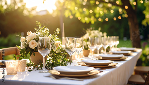 Fototapeta Naklejka Na Ścianę i Meble -  Elegant outdoor dining table set with white plates, glassware, floral centerpieces, and soft lighting, perfect for a garden party or celebration