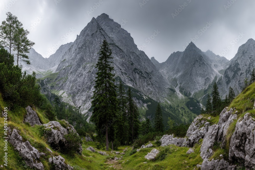 Fototapeta premium Majestic Mountains Under Gray Sky, Green Valley Below