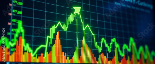 Glowing green upward trending stock market chart on a digital screen, digital, growth