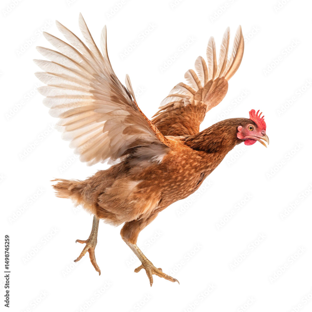 Fototapeta premium A white farm rooster, a domestic fowl and poultry bird, stands isolated against a white background