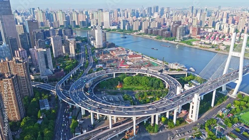 4k real time Aerial view of NanPu Bridge and Huangpu river on sunny day, Shoot with 4k resolution.