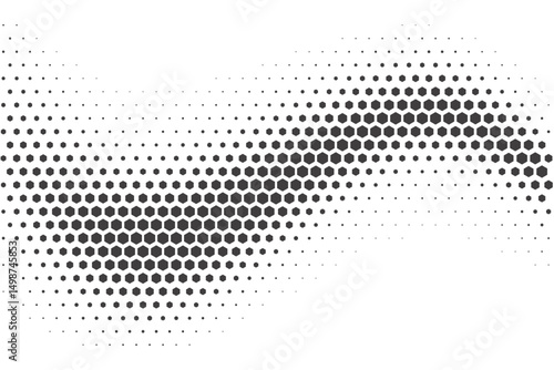 Halftone vector wave with hexagon pattern. Honeycomb gradient fade. Abstract geometric dynamic curved shape on white background. Pixelated 80s distorted warp illustration