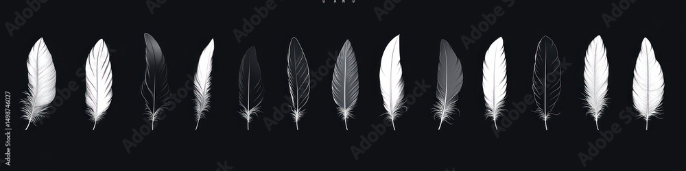 Obraz premium A horizontal row of thirteen feathers in alternating black, white, and gray shades displayed against a dark background