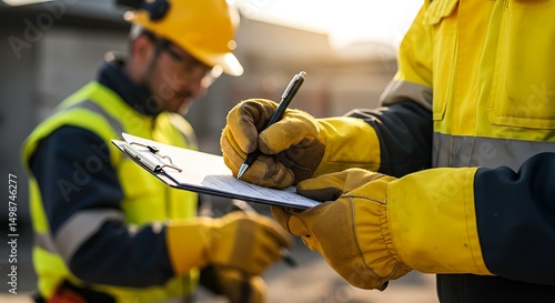 Construction Worker Completing Inspection Report on Clipboard with Pen, Wearing Gloves and Hardhat