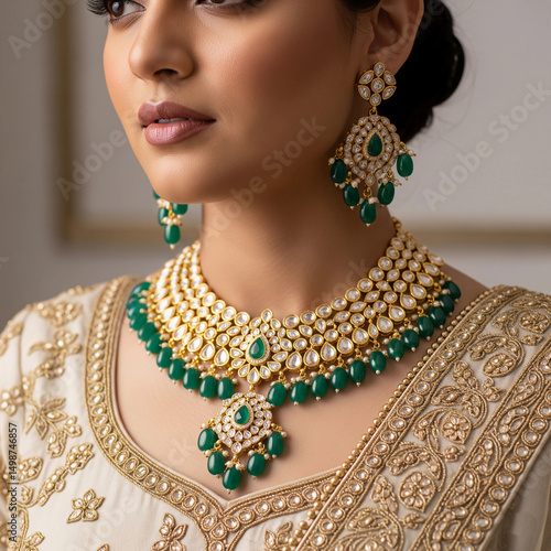 Traditional Indian Kundan Necklace Set with Green Emerald Beads; Exquisite Bridal Polki and Gold Tone Jewellery with Pearl Drops
