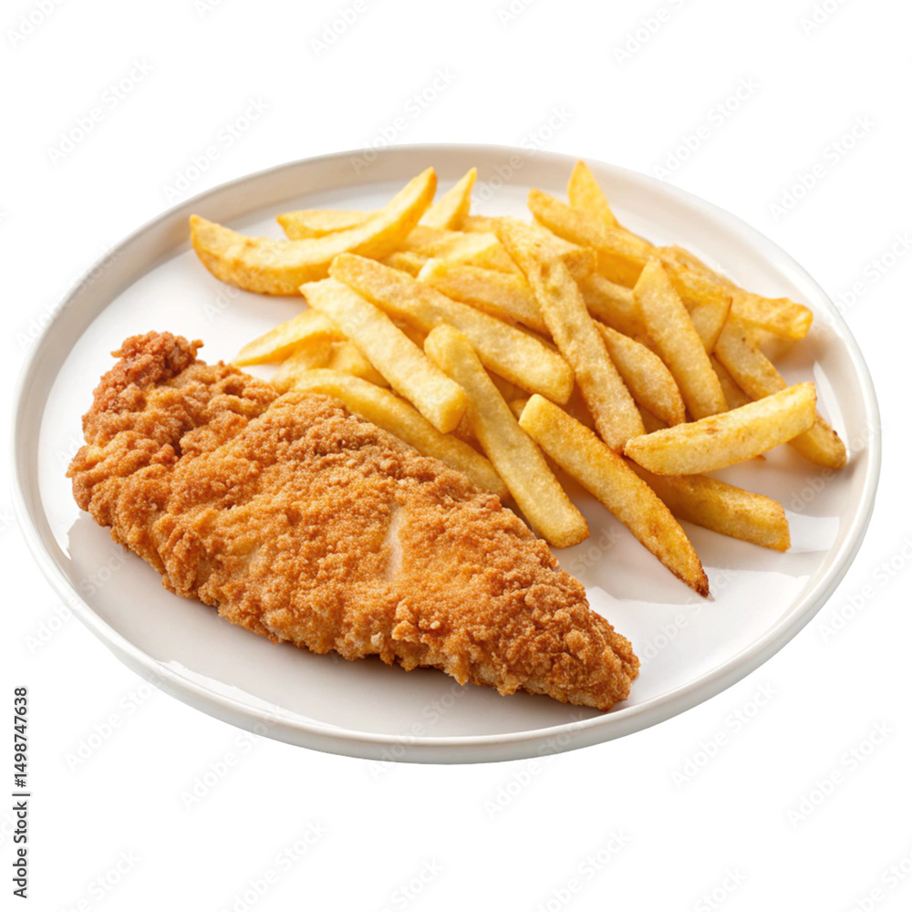 Fried fish and chips, a classic meal of cooked fish with potato fries, served on a white plate Fried fish and chips, a classic meal of cooked fish with potato fries, served on a white plate