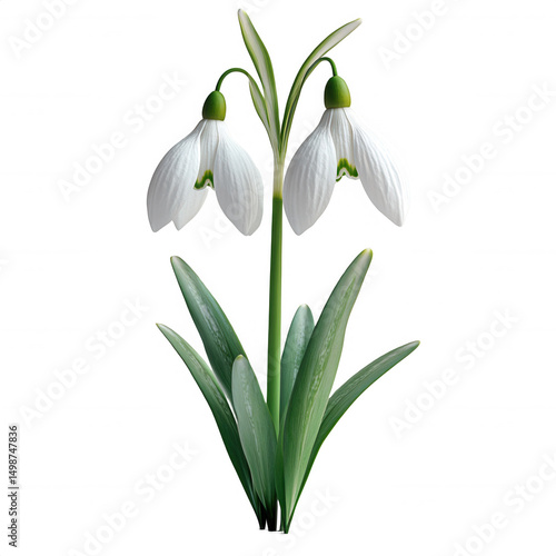 Two Snowdrop Flowers on a Stem on Transparent Background