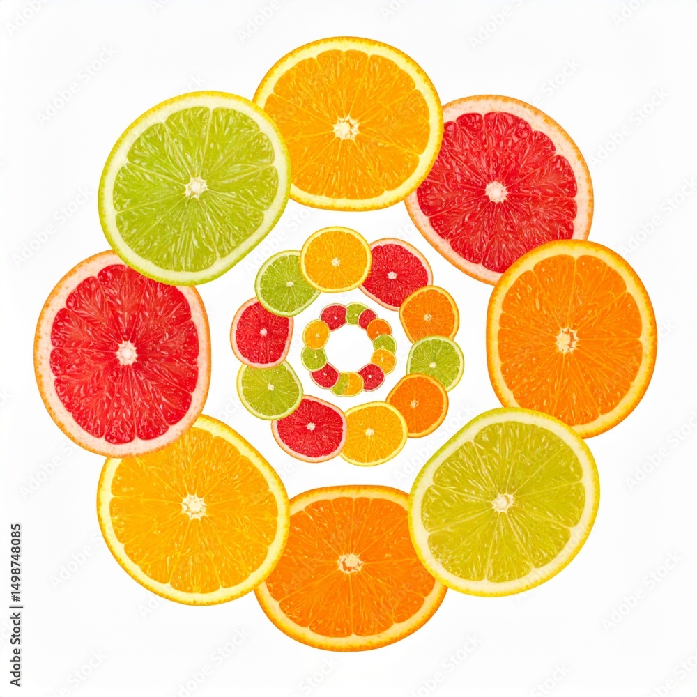 Fototapeta premium Vibrant Citrus Slices Arranged in Spiral Pattern with Water Droplets on Isolated White Background