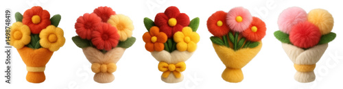 PNG Colorful felt flower bouquets, element set on transparent background