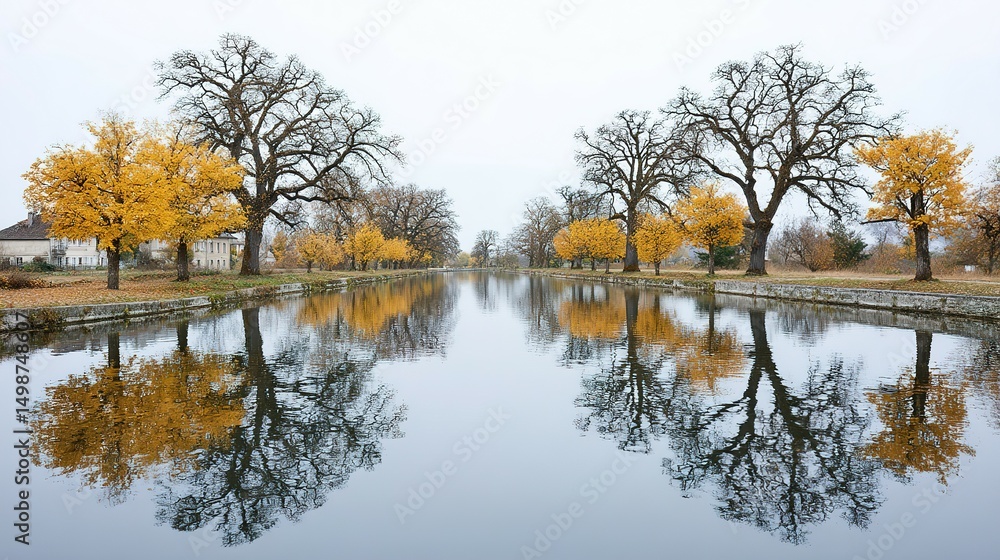 Obraz premium Autumnal trees reflected in a calm canal.
