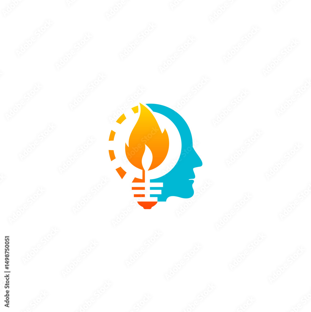 Fototapeta premium Fire flame and human head logo, brainstorming, brilliant idea and smart think vector icons