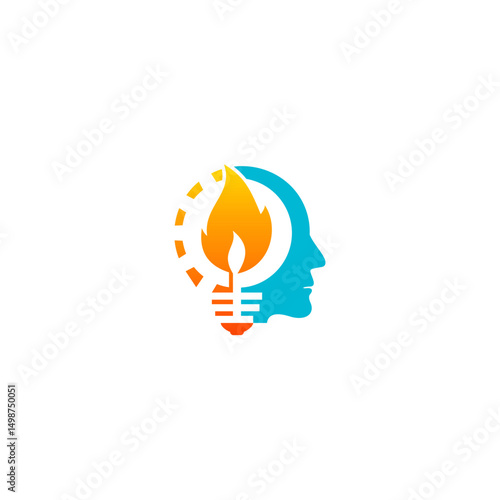 Fire flame and human head logo, brainstorming, brilliant idea and smart think vector icons