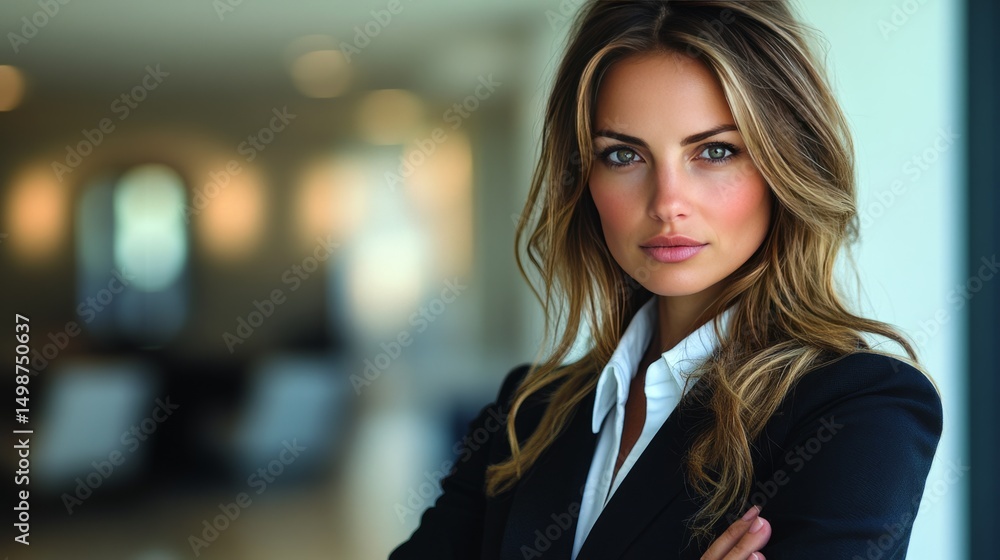 Confident businesswoman in professional attire standing in a modern office with a determined expression and crossed arms Confident businesswoman in professional attire standing in a modern office with a determined expression and crossed arms