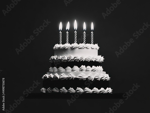 A three-tiered white frosted cake with five lit striped candles on top against a dark background evoking a celebratory mood
