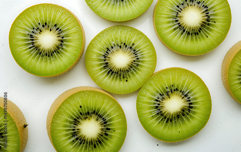 Fototapeta premium Sliced fresh kiwi fruit on a pure white background, top-down view, high detail.