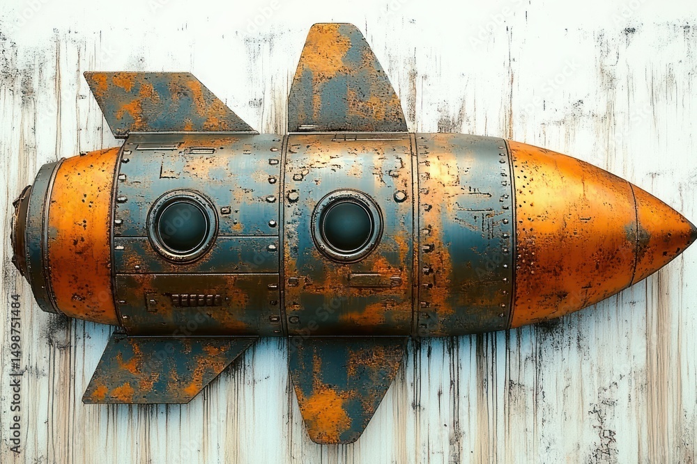 Fototapeta premium Rusty vintage submarine model mounted on a weathered wooden surface showing circular windows and fins